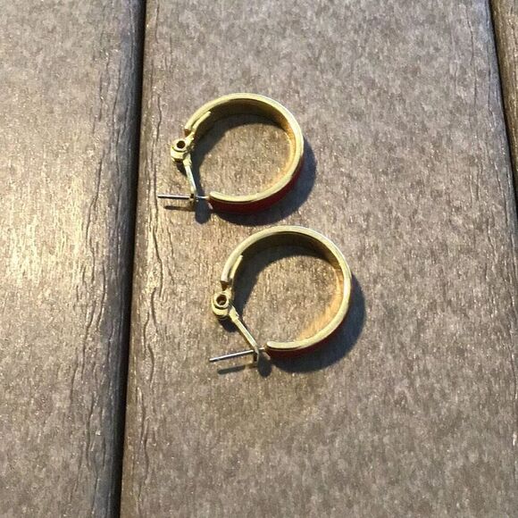 Earrings, Vintage Red and Gold Hoop Earrings, Monet - Picture 3 of 4